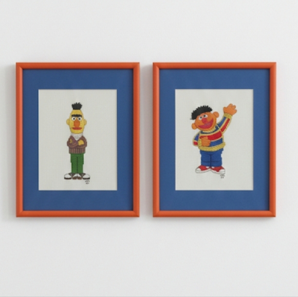 Vintage Bert And Earnie Cross Stitched Colorful Framed Character Art Set